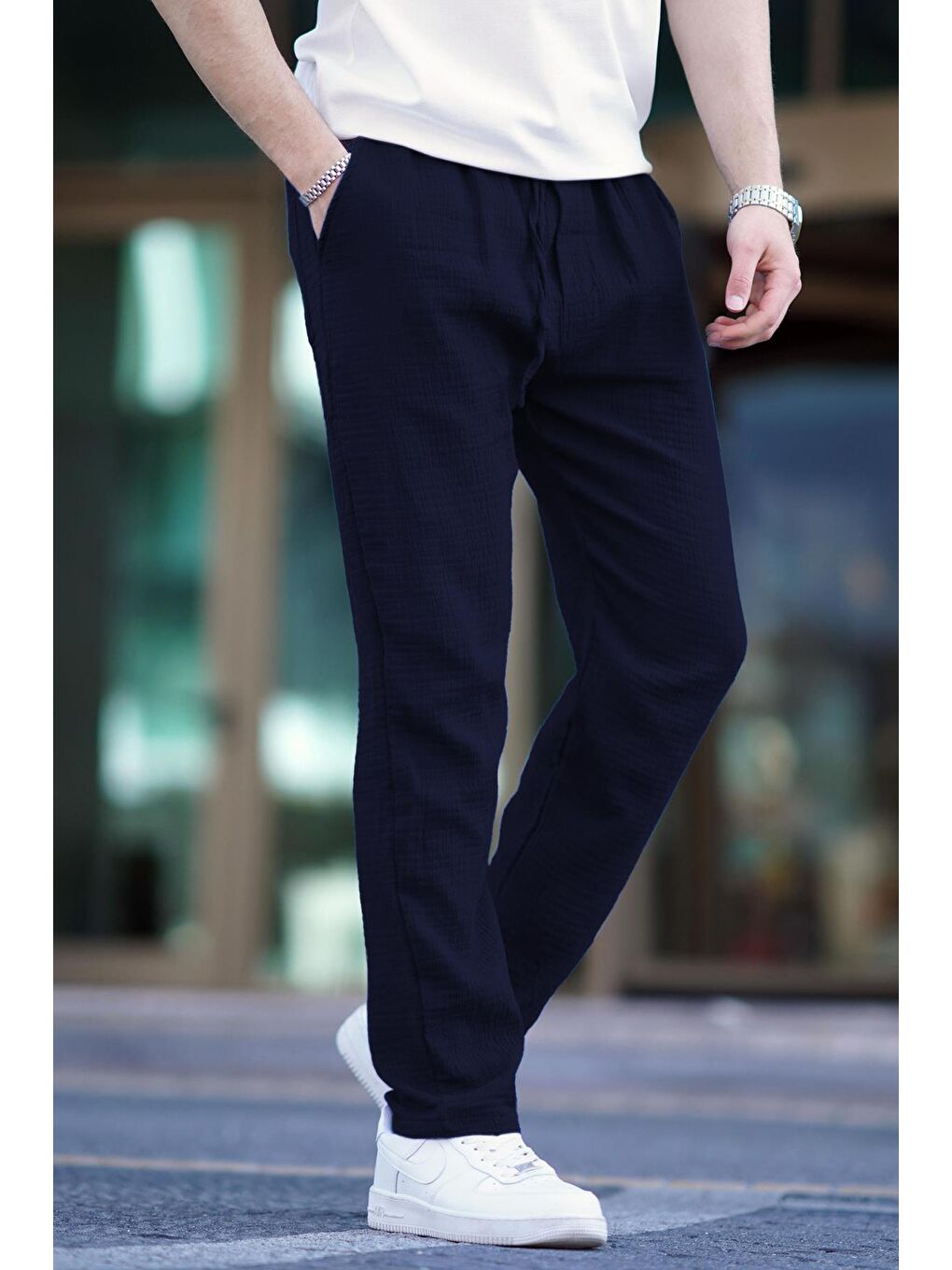 Lacivert M&#252;slin Kumaş Erkek Basic %100 Pamuk Pantolon 6507-1