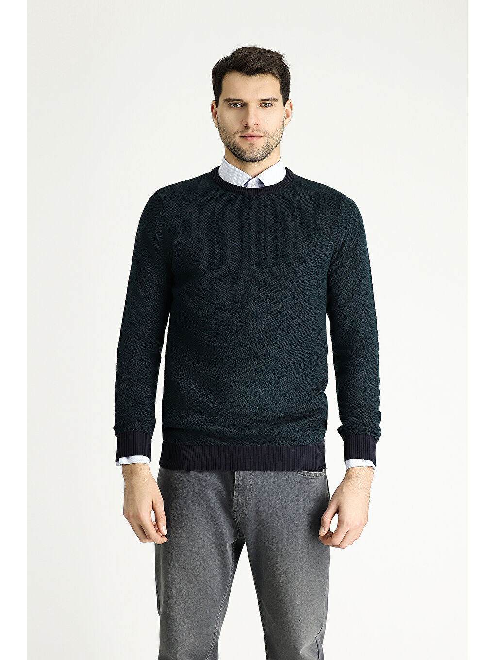 Lacivert Bisiklet Yaka Slim Fit Dar Kesim Desenli Triko Kazak-3