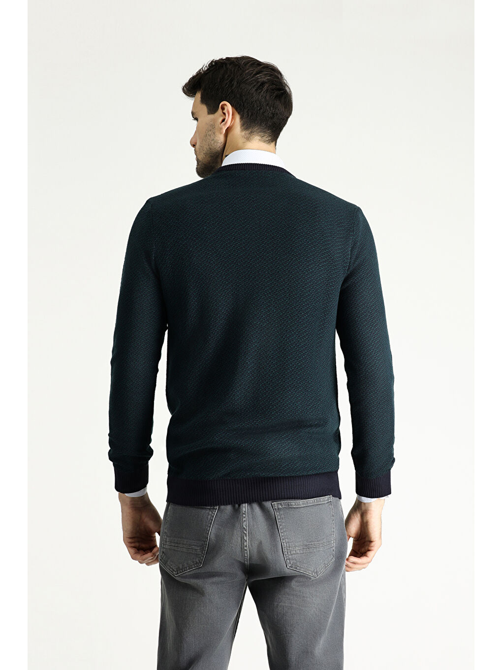 Lacivert Bisiklet Yaka Slim Fit Dar Kesim Desenli Triko Kazak-4