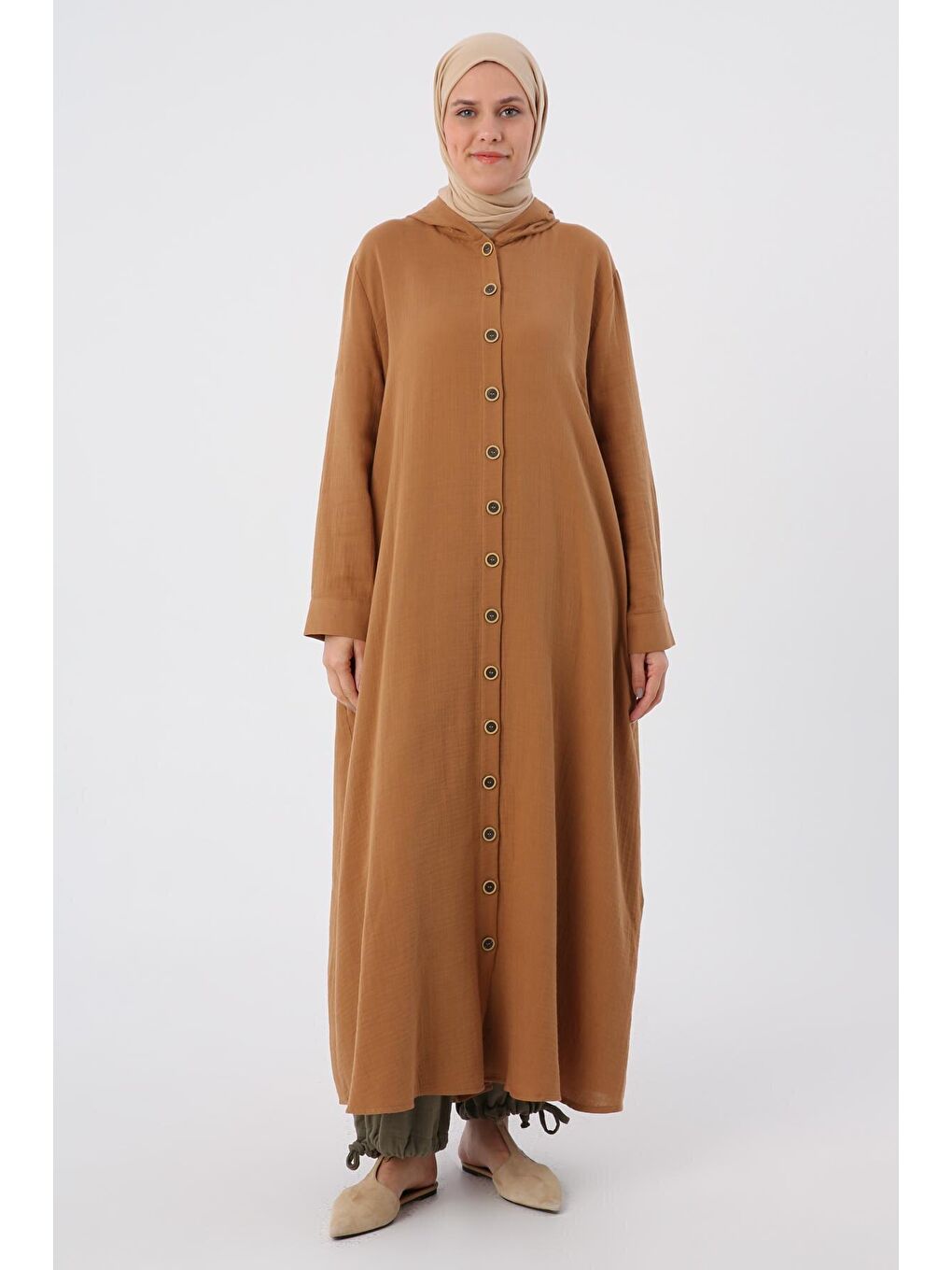 Beyaz Taba %100 Pamuk Kapüşonlu Arkadan Pileli Elbise-1