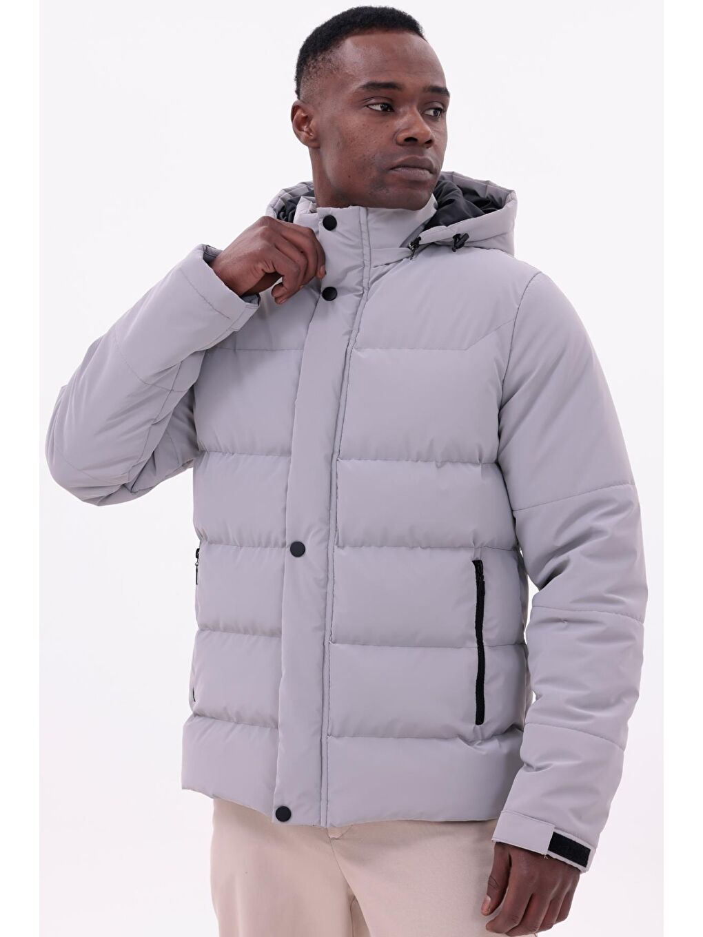 Bej Erkek Kışlık Nova Kumaş Su Geçirmez İç Cepli Çıkarılabilir Kapüşonlu Şişme Mont