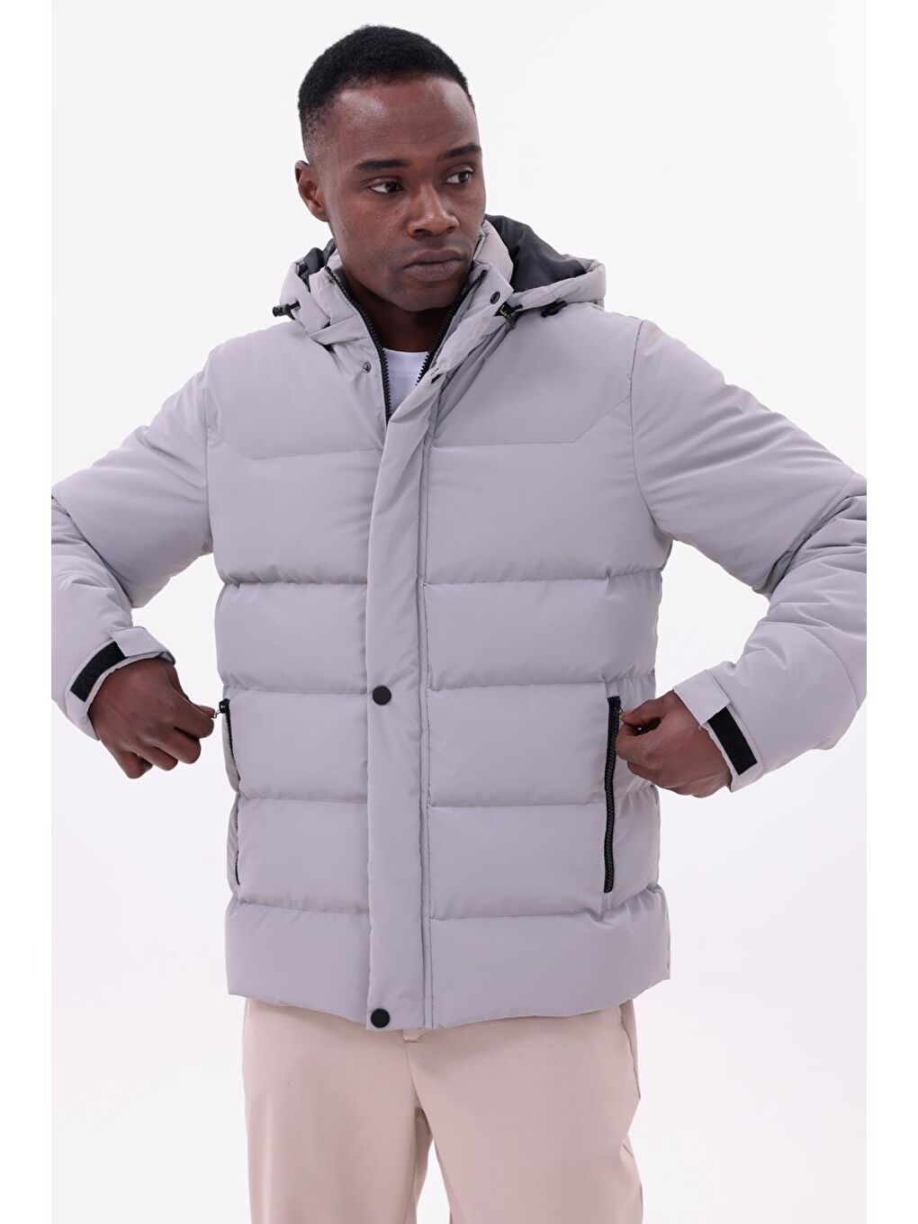 Bej Erkek Kışlık Nova Kumaş Su Geçirmez İç Cepli Çıkarılabilir Kapüşonlu Şişme Mont-1