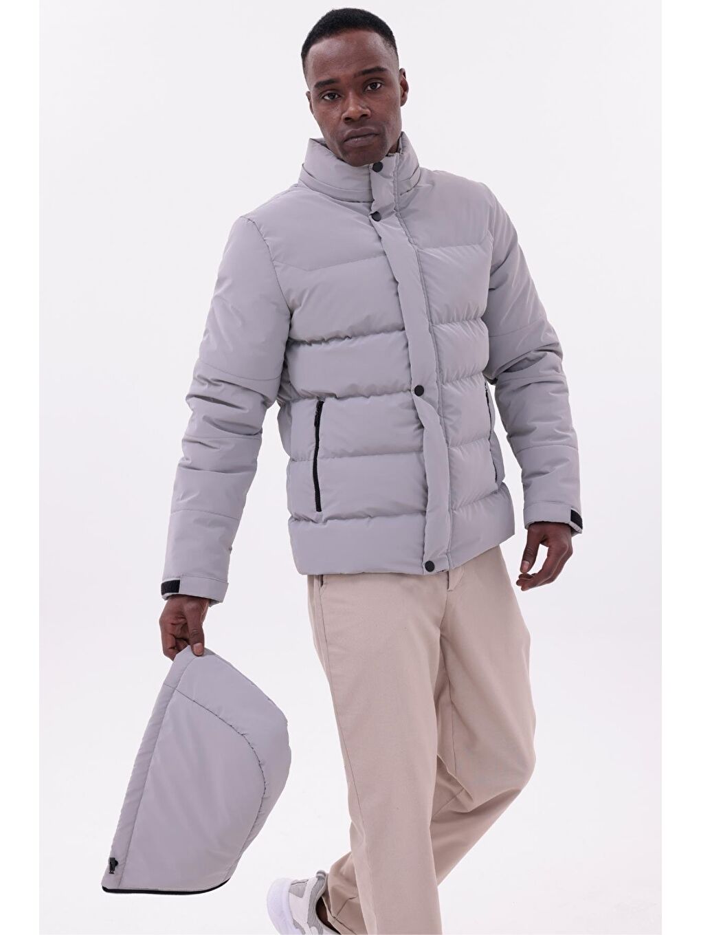 Bej Erkek Kışlık Nova Kumaş Su Geçirmez İç Cepli Çıkarılabilir Kapüşonlu Şişme Mont-5