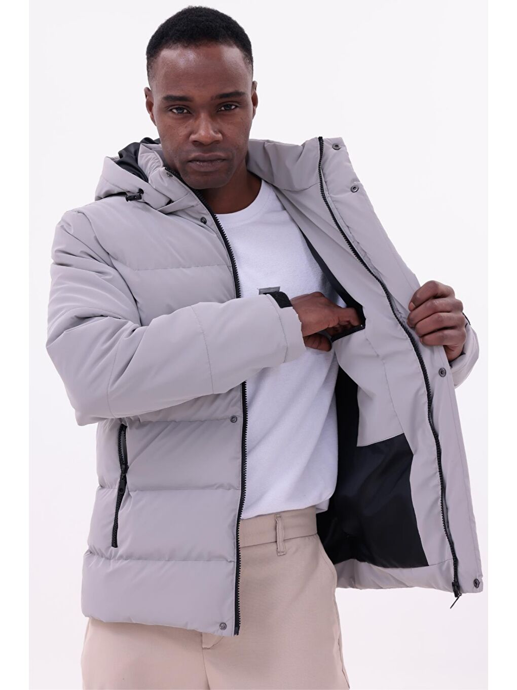 Bej Erkek Kışlık Nova Kumaş Su Geçirmez İç Cepli Çıkarılabilir Kapüşonlu Şişme Mont-6