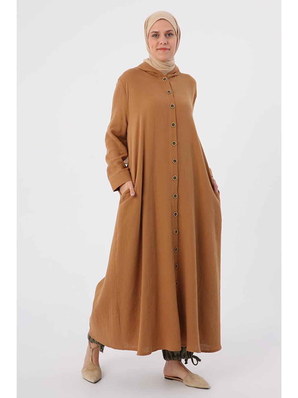 Beyaz Taba %100 Pamuk Kapüşonlu Arkadan Pileli Elbise-2