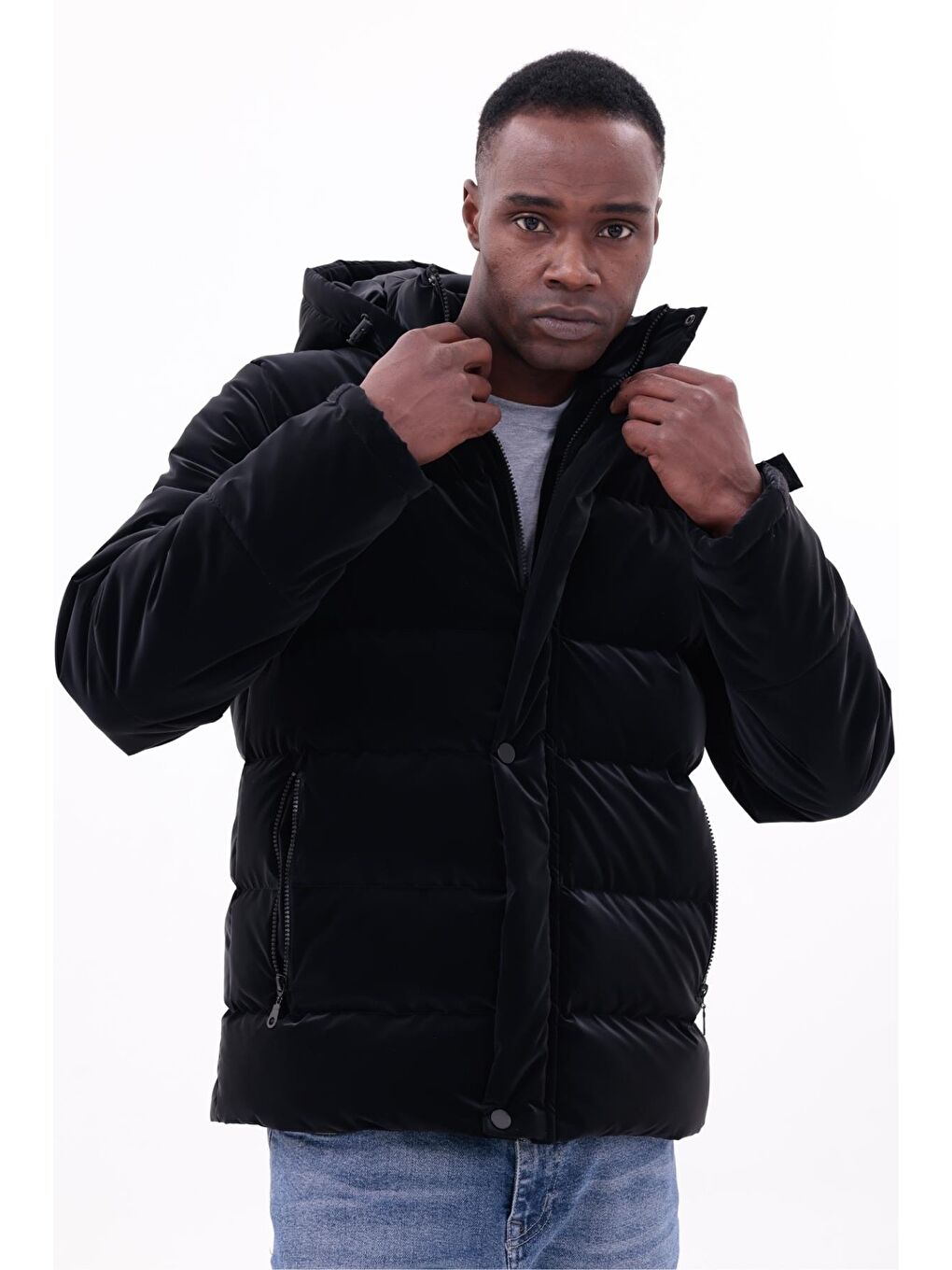Siyah Erkek Kışlık Nova Kumaş Su Geçirmez İç Cepli Çıkarılabilir Kapüşonlu Şişme Mont-1