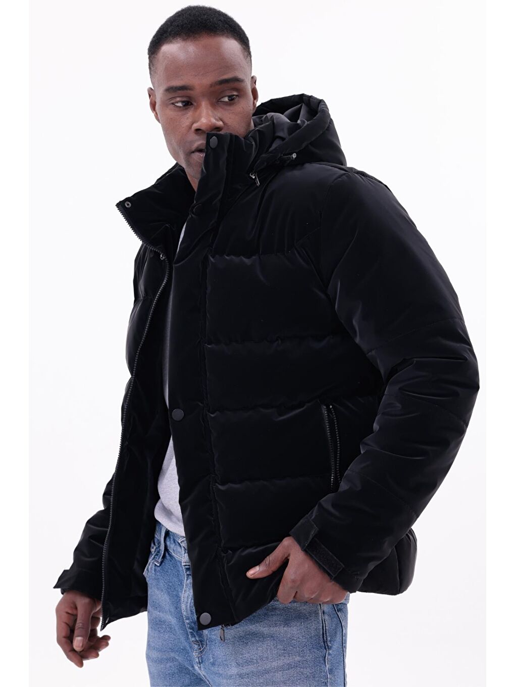Siyah Erkek Kışlık Nova Kumaş Su Geçirmez İç Cepli Çıkarılabilir Kapüşonlu Şişme Mont-3