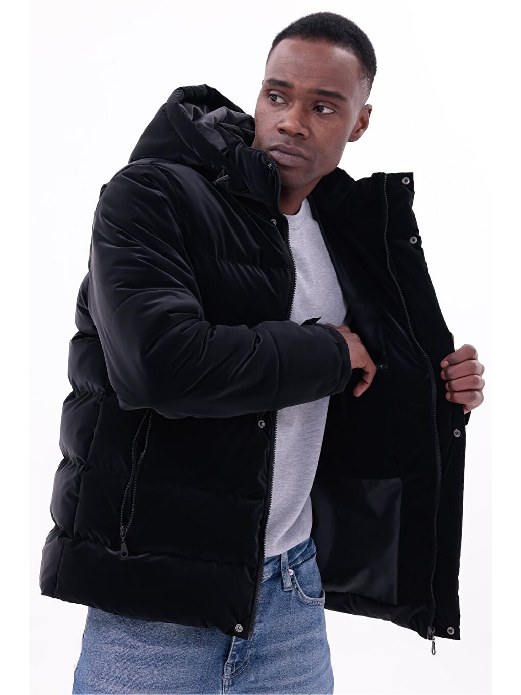 Siyah Erkek Kışlık Nova Kumaş Su Geçirmez İç Cepli Çıkarılabilir Kapüşonlu Şişme Mont-4