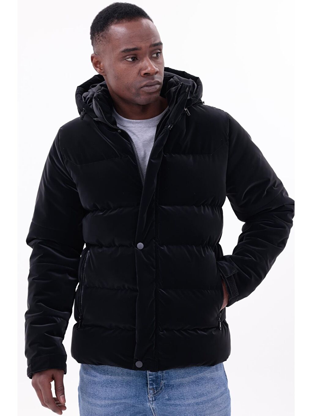 Siyah Erkek Kışlık Nova Kumaş Su Geçirmez İç Cepli Çıkarılabilir Kapüşonlu Şişme Mont-5