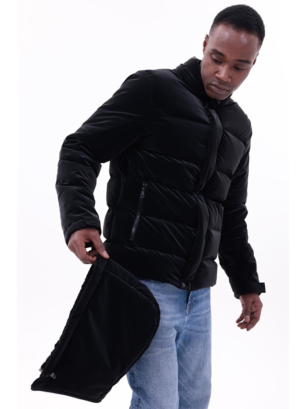 Siyah Erkek Kışlık Nova Kumaş Su Geçirmez İç Cepli Çıkarılabilir Kapüşonlu Şişme Mont-6