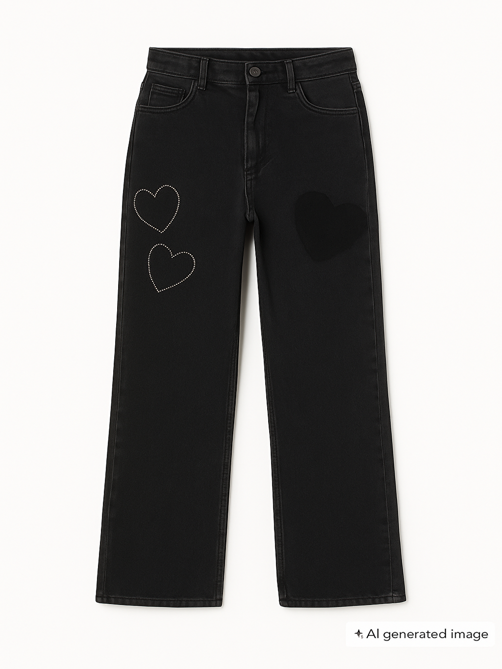 Siyah Beli Lastikli Geniş Paça Kalp Desenli Kız Çocuk Jean Pantolon 20407-1