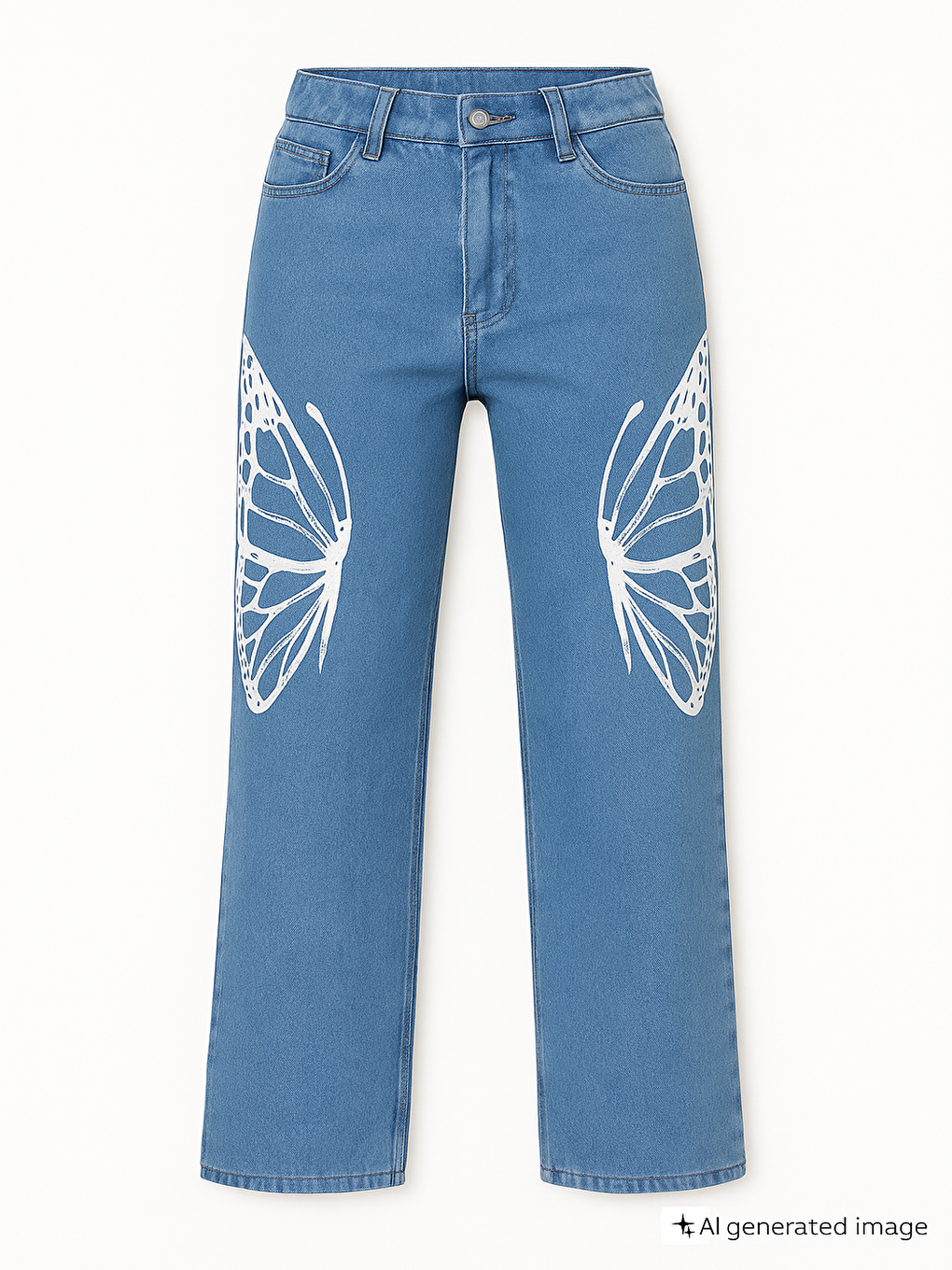 Mavi Kelebek Baskı Geniş Paça Kız Çocuk Jean Pantolon 20276-1