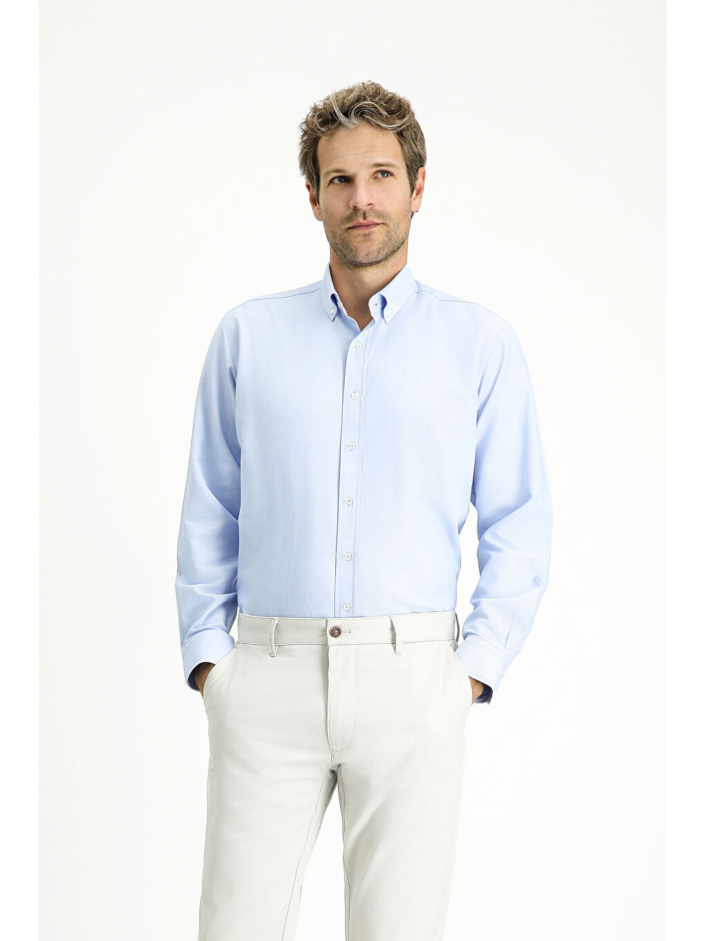 Mavi Uzun Kol Regular Fit Düğmeli Yaka Oxford Pamuklu Kolay Ütülenebilir Büyük Beden Gömlek