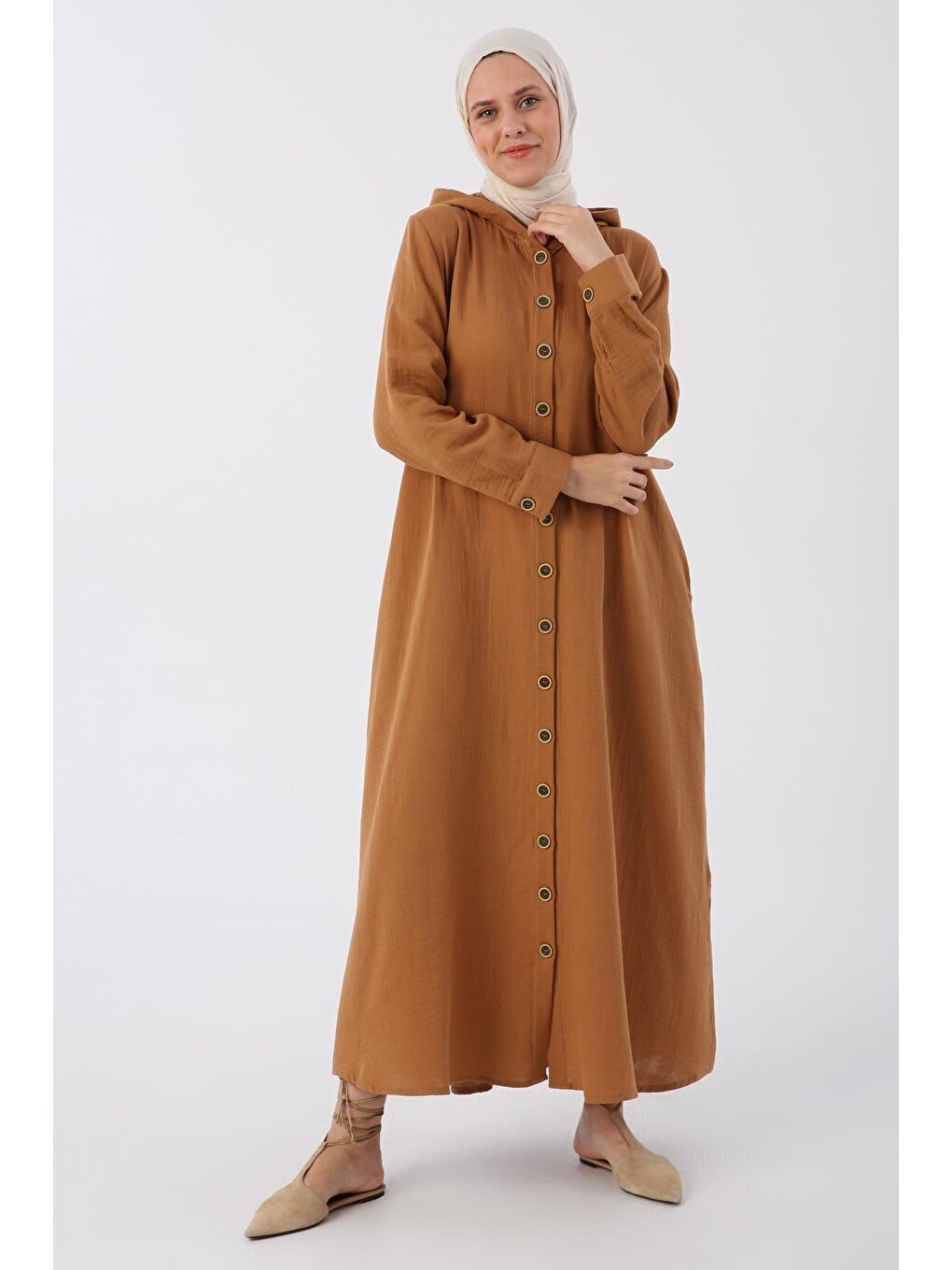 Beyaz Taba %100 Pamuk Kapüşonlu Arkadan Pileli Elbise-4