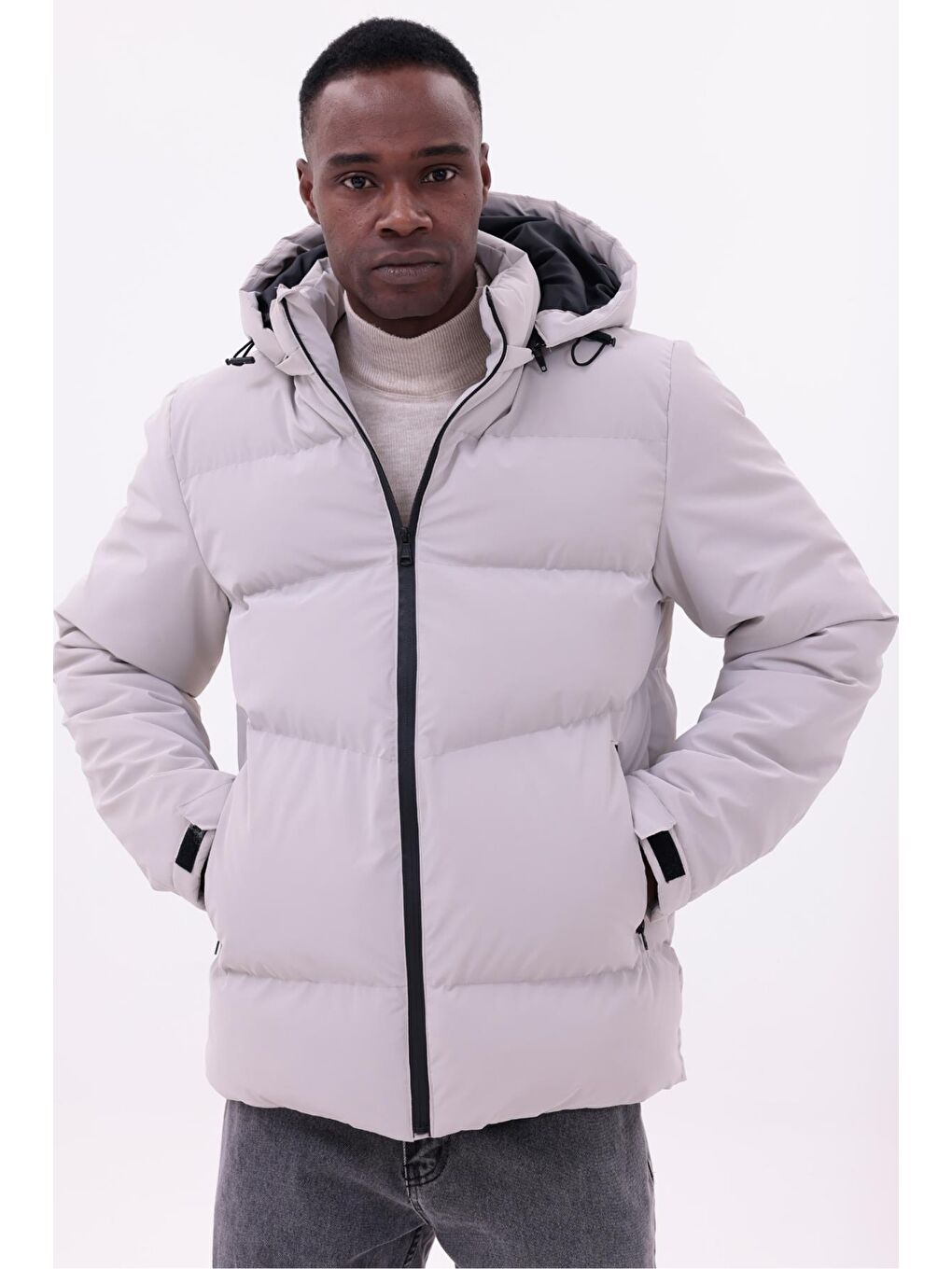 Bej Erkek Kışlık Nova Kumaş Su Geçirmez İç Cepli Çıkarılabilir Kapüşonlu Mont-1