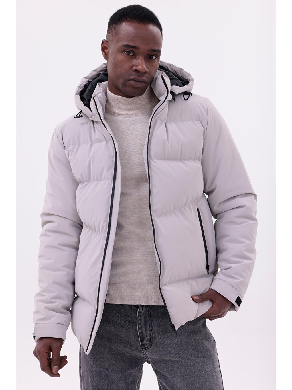 Bej Erkek Kışlık Nova Kumaş Su Geçirmez İç Cepli Çıkarılabilir Kapüşonlu Mont-2