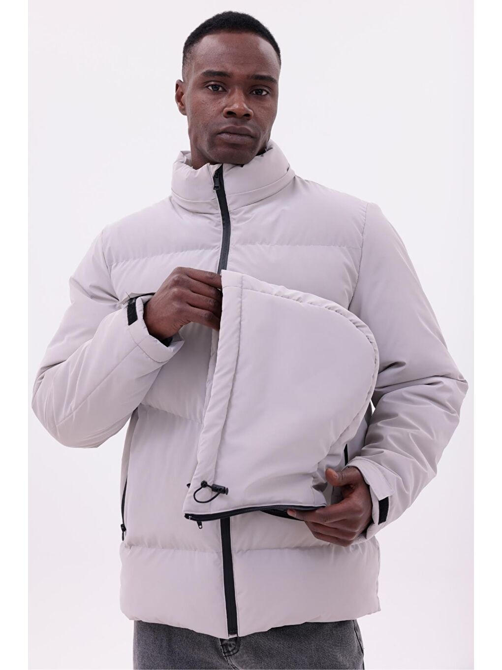 Bej Erkek Kışlık Nova Kumaş Su Geçirmez İç Cepli Çıkarılabilir Kapüşonlu Mont-3