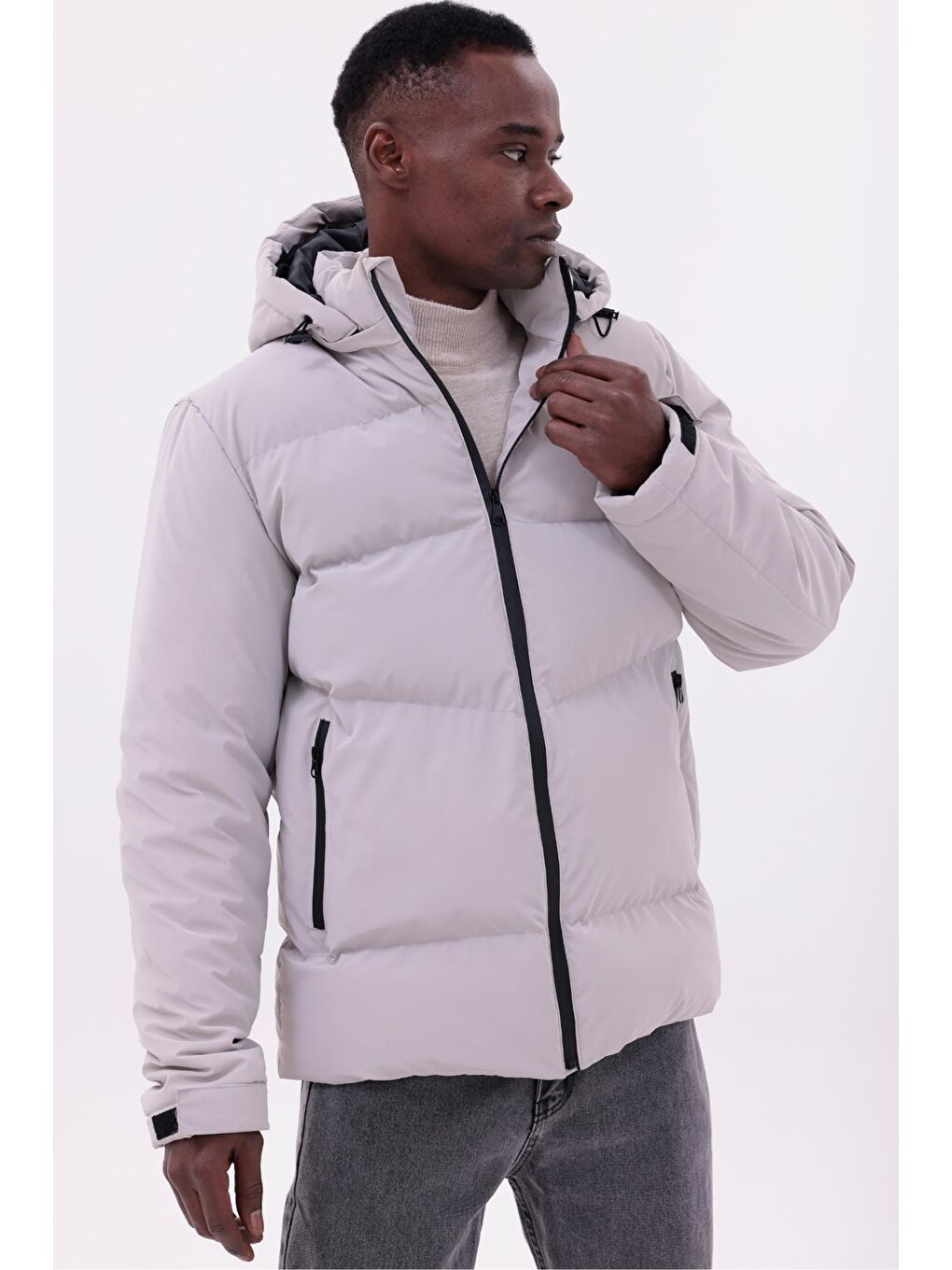 Bej Erkek Kışlık Nova Kumaş Su Geçirmez İç Cepli Çıkarılabilir Kapüşonlu Mont-5