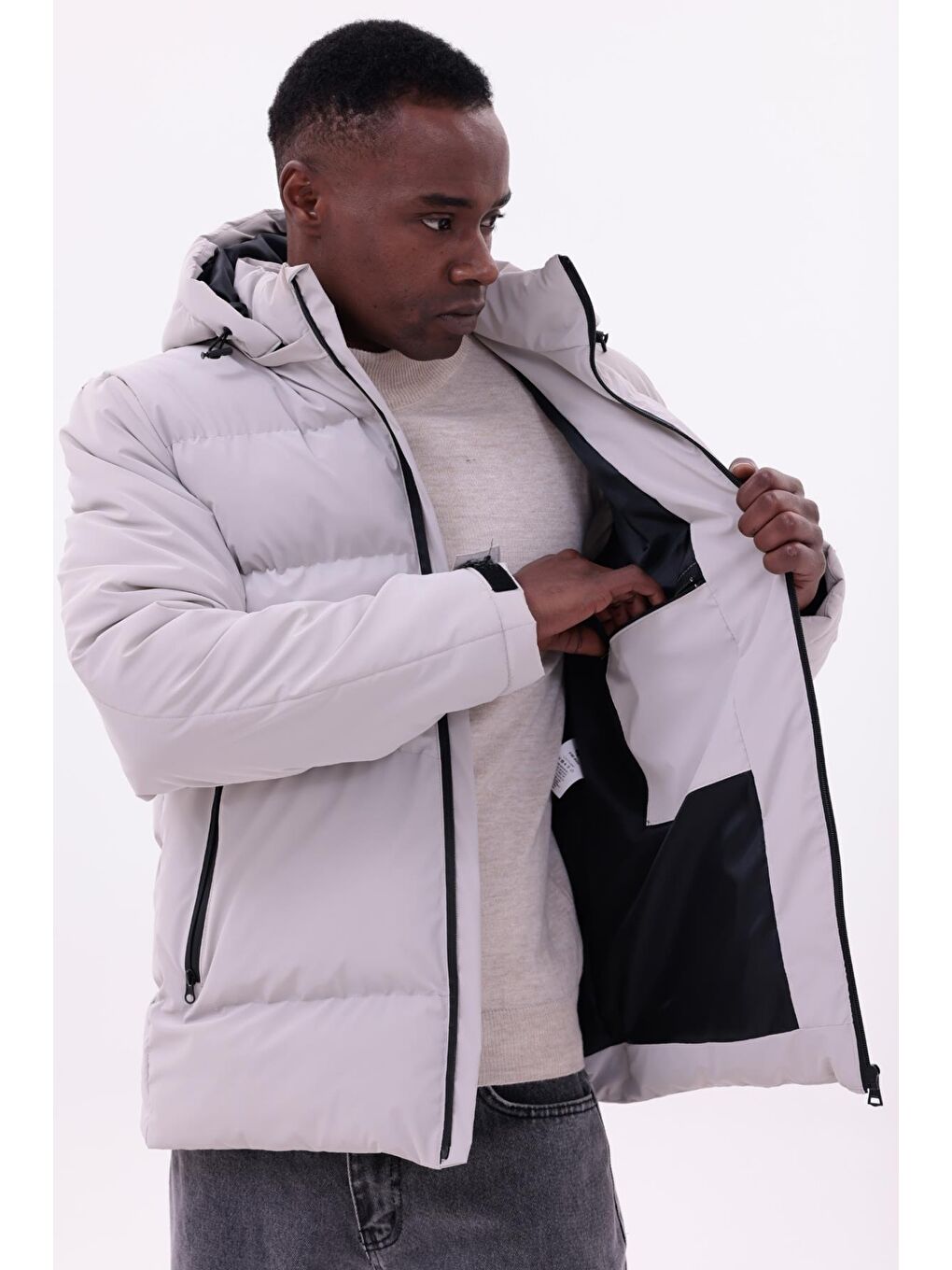 Bej Erkek Kışlık Nova Kumaş Su Geçirmez İç Cepli Çıkarılabilir Kapüşonlu Mont-6