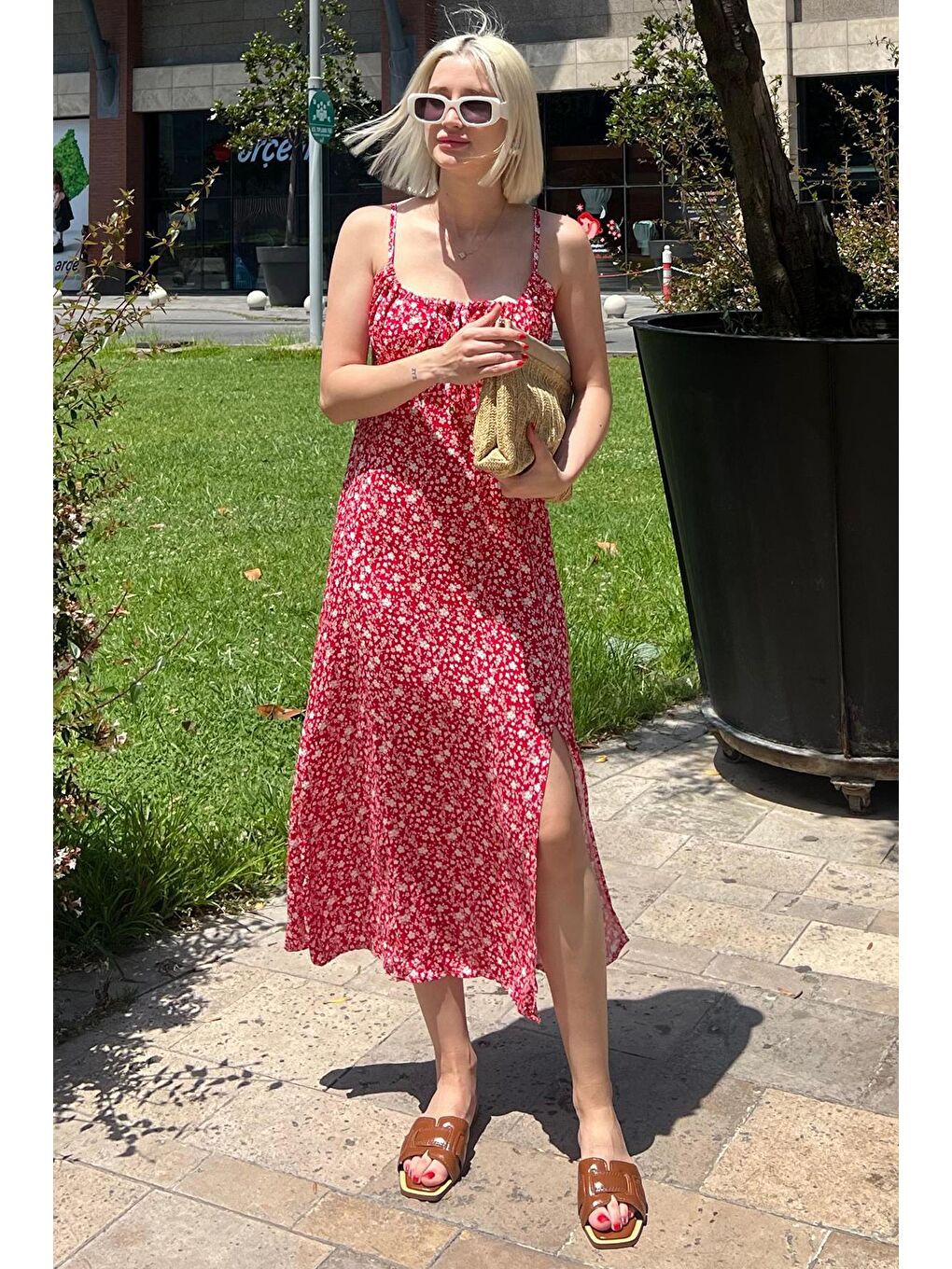 Kırmızı Desenli Askılı Uzun Elbise Mg2025-1