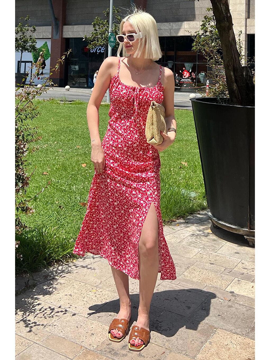 Kırmızı Desenli Askılı Uzun Elbise Mg2025-2