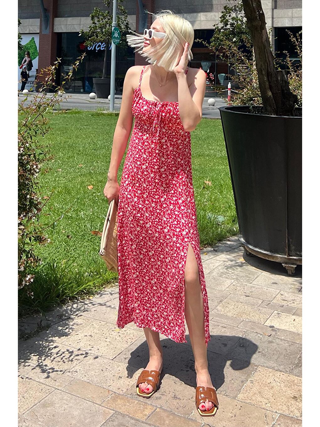 Kırmızı Desenli Askılı Uzun Elbise Mg2025-5