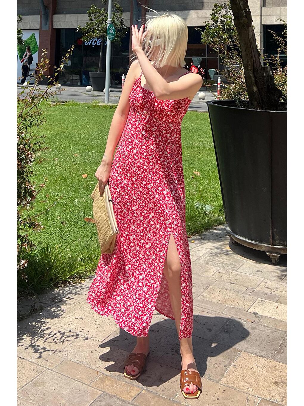 Kırmızı Desenli Askılı Uzun Elbise Mg2025-6