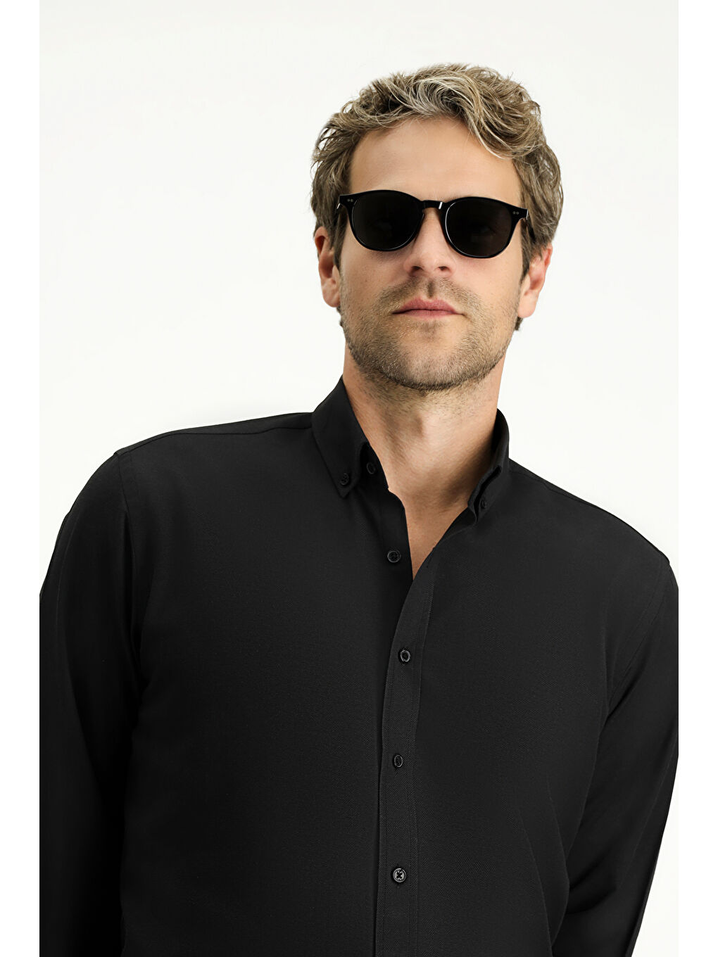 Siyah Uzun Kol Regular Fit Düğmeli Yaka Oxford Pamuklu Kolay Ütülenebilir Büyük Beden Gömlek-2