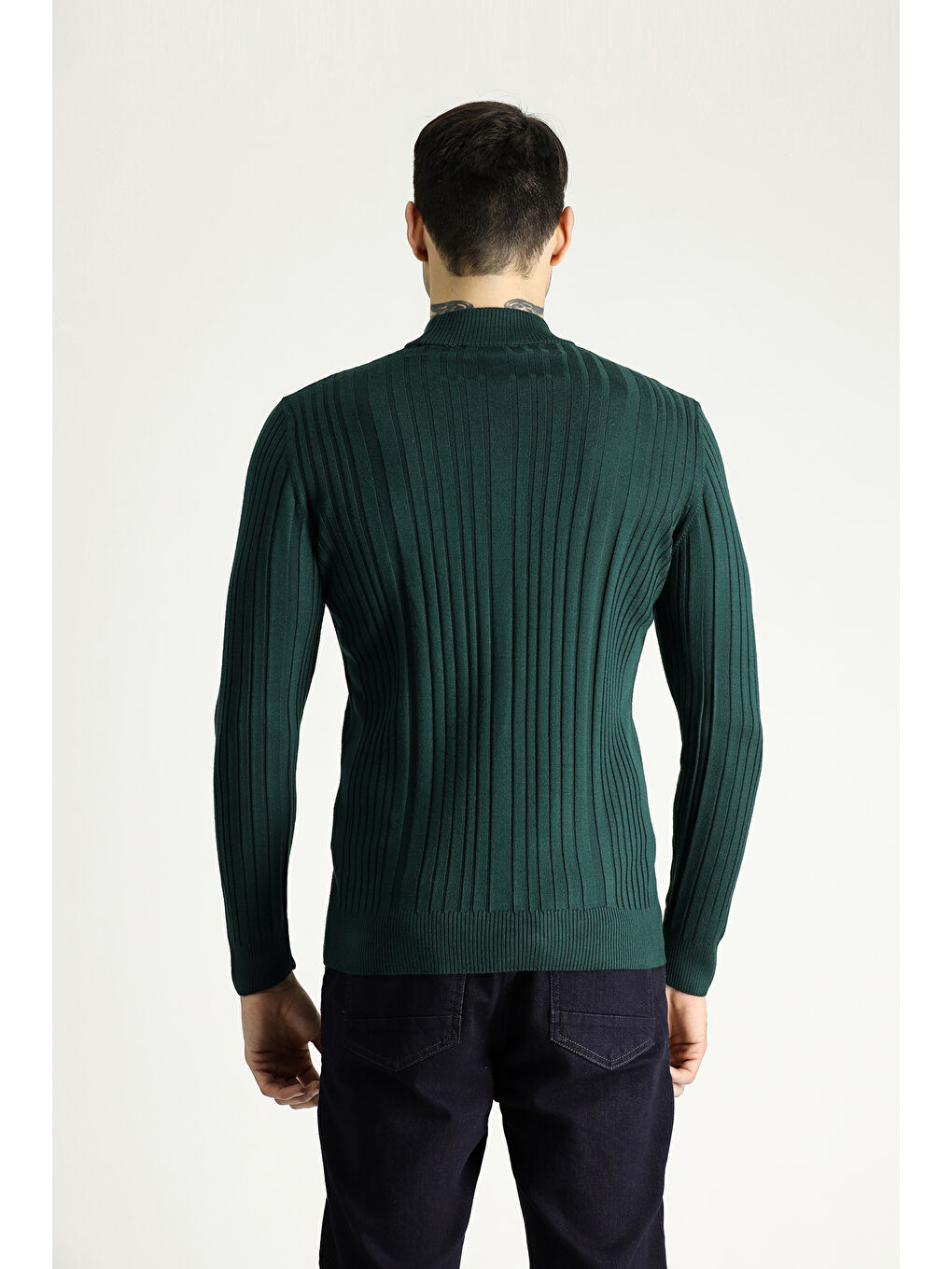 Petrol Bato Yaka Slim Fit Dar Kesim Desenli Triko Kazak-3