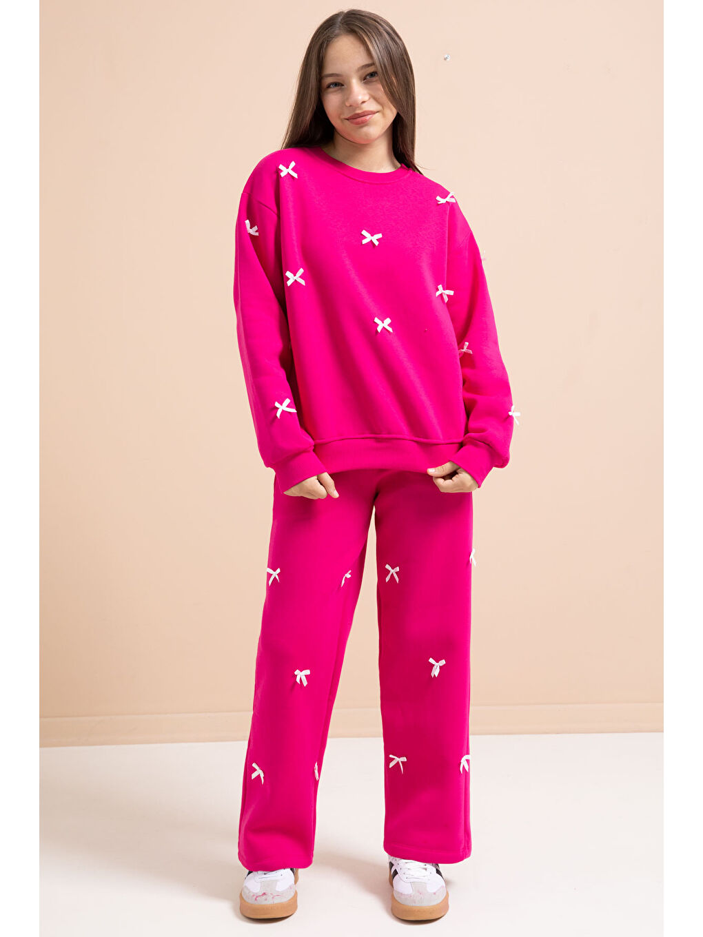 Fuşya Fiyonk Nakışlı Bisiklet Yaka Kız Çocuk Şardonlu Eşofman Takımı 21286-1