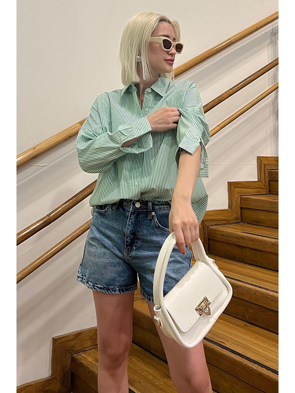 Yeşil Çizgili Over Fit Gömlek Mg1525