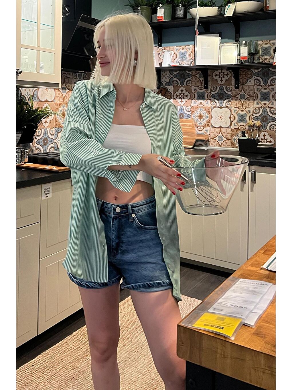 Yeşil Çizgili Over Fit Gömlek Mg1525-1