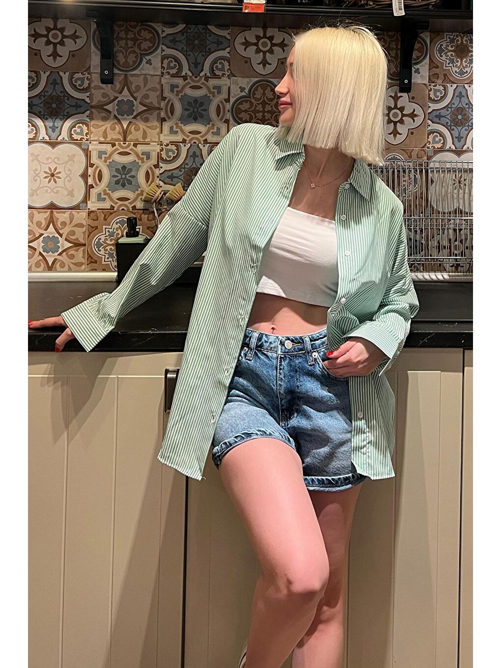 Yeşil Çizgili Over Fit Gömlek Mg1525-2