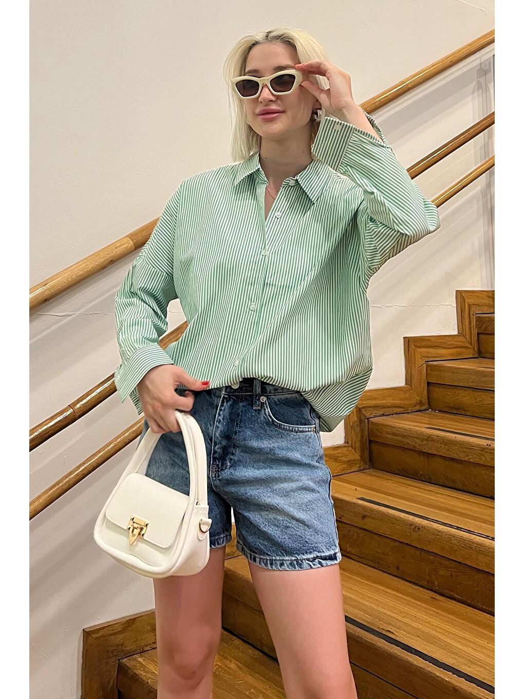 Yeşil Çizgili Over Fit Gömlek Mg1525-3