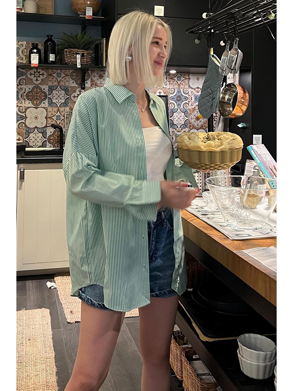 Yeşil Çizgili Over Fit Gömlek Mg1525-4