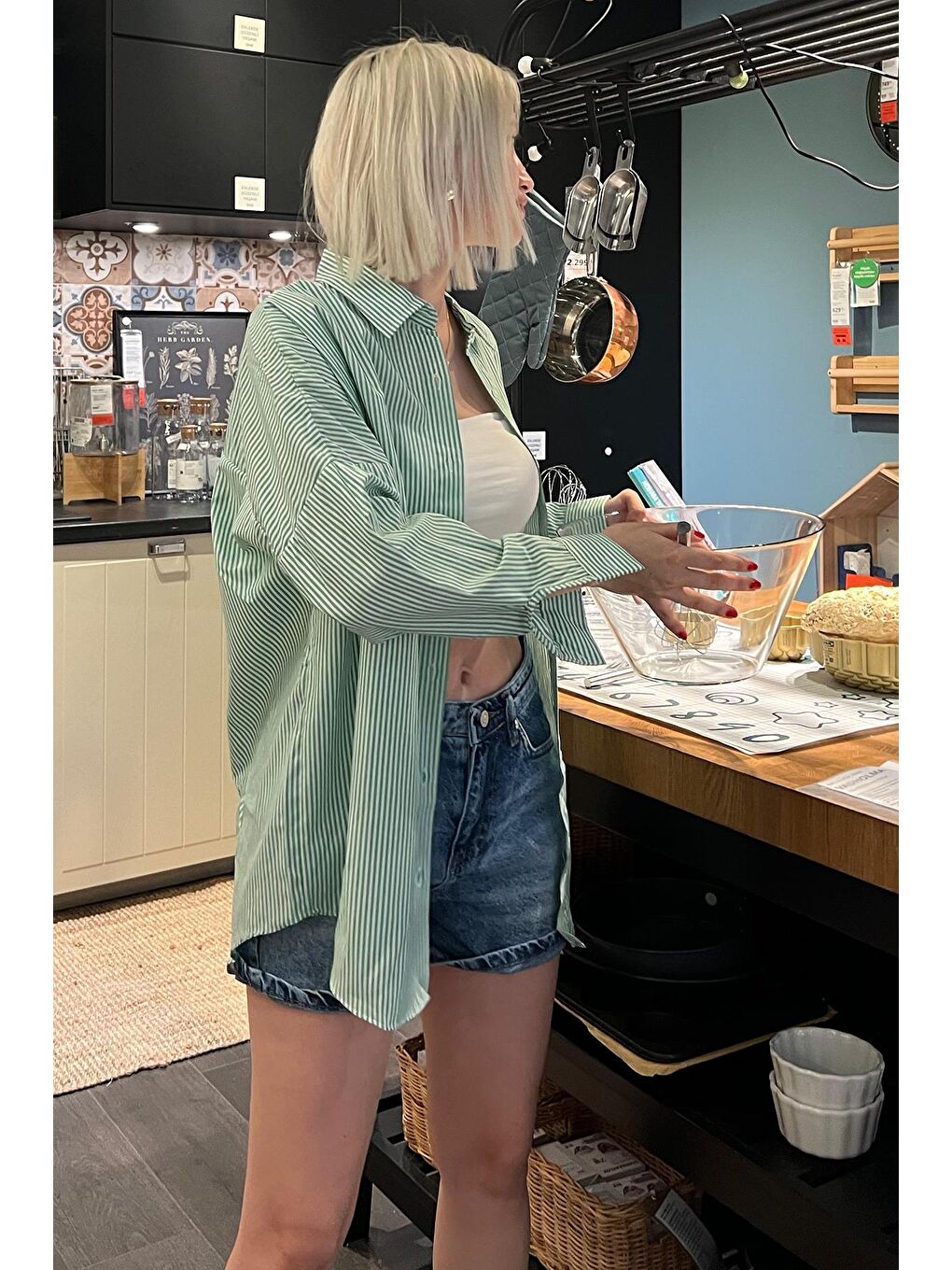 Yeşil Çizgili Over Fit Gömlek Mg1525-5