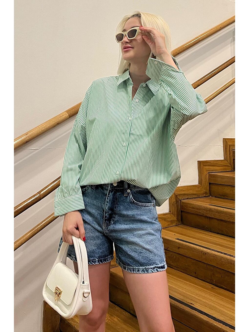 Yeşil Çizgili Over Fit Gömlek Mg1525-6