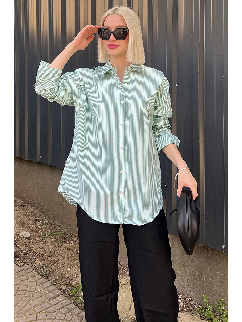 Yeşil Çizgili Over Fit Gömlek Mg1525-7