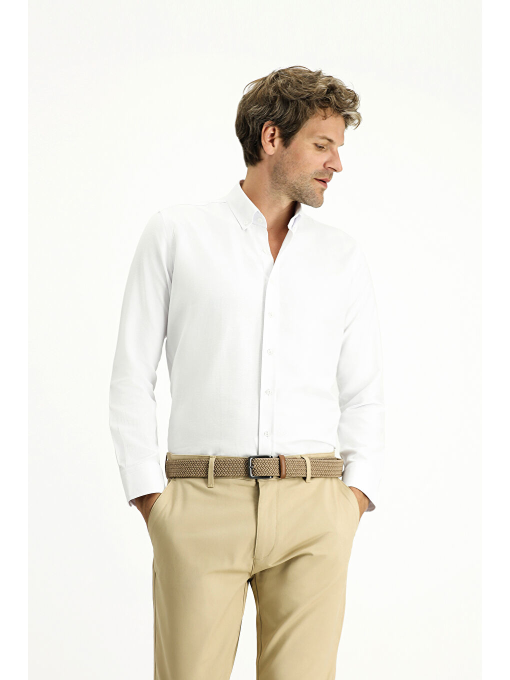 Beyaz Uzun Kol Slim Fit Düğmeli Yaka Oxford Pamuklu Kolay Ütülenebilir Gömlek-2