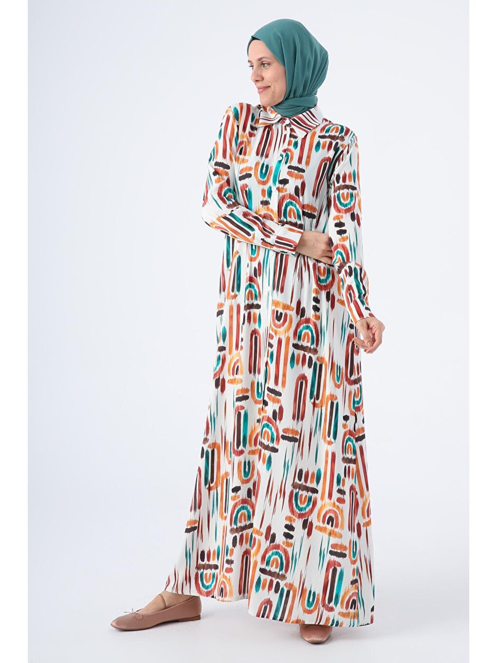 Bej Ekru-Kiremit Pensli Desenli Viskon Gömlek Elbise