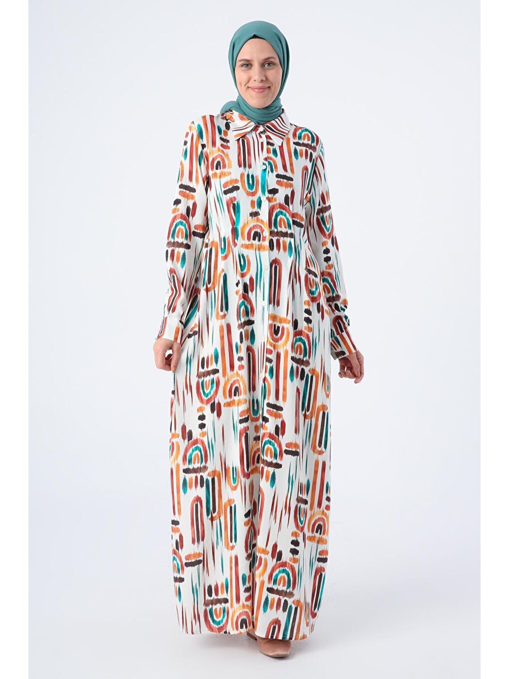 Bej Ekru-Kiremit Pensli Desenli Viskon Gömlek Elbise-1