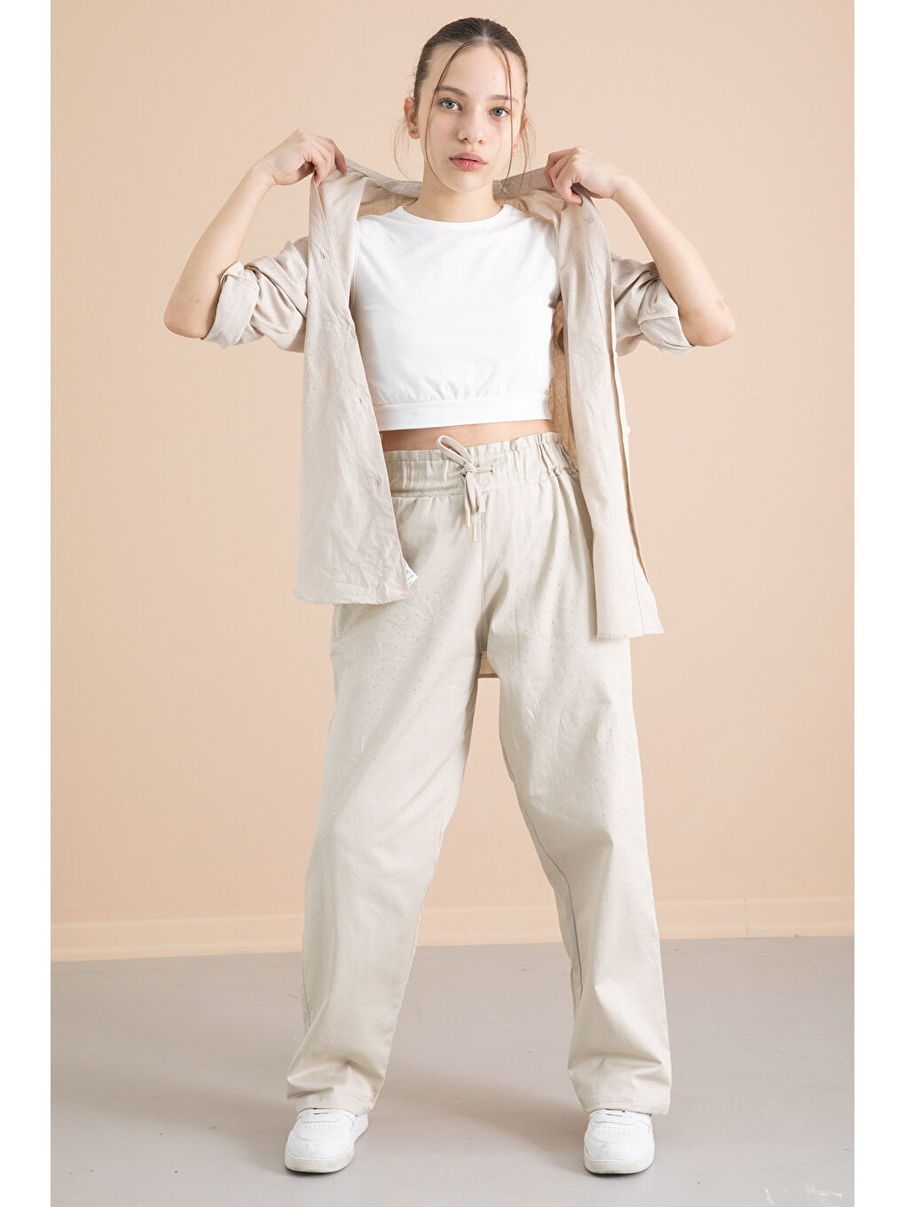 Bej Kız Çocuk Taş Detaylı Croplu 3lü Takım 20387-1