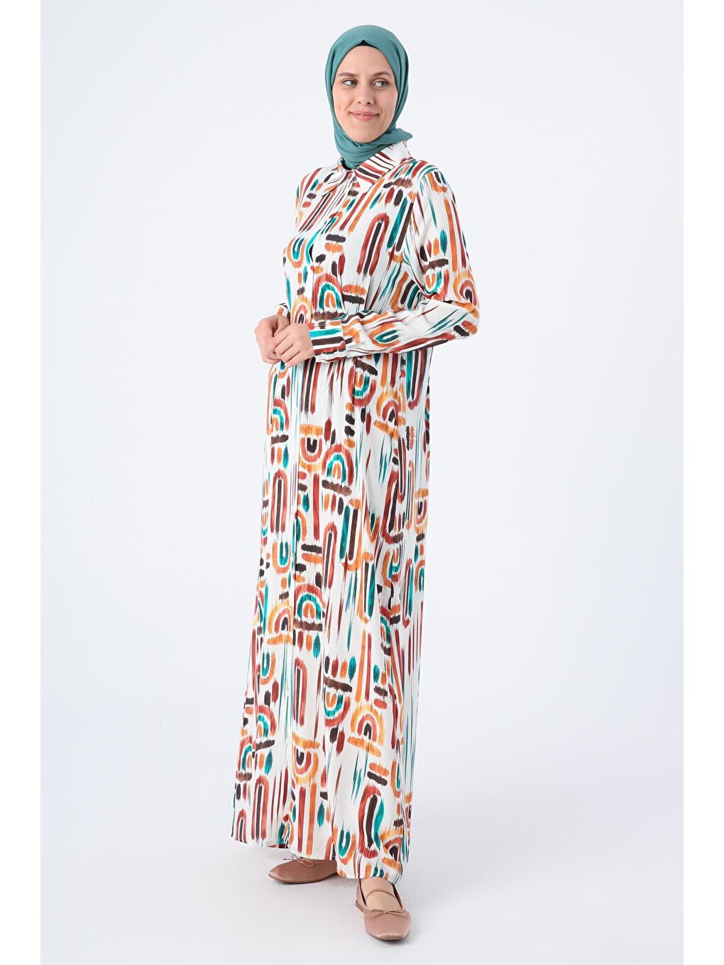 Bej Ekru-Kiremit Pensli Desenli Viskon Gömlek Elbise-2