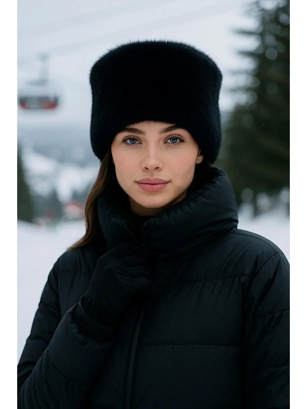 Siyah Pelüş Kalpak  Kayak için uygun Tüylü Şapka Bere SPK1146