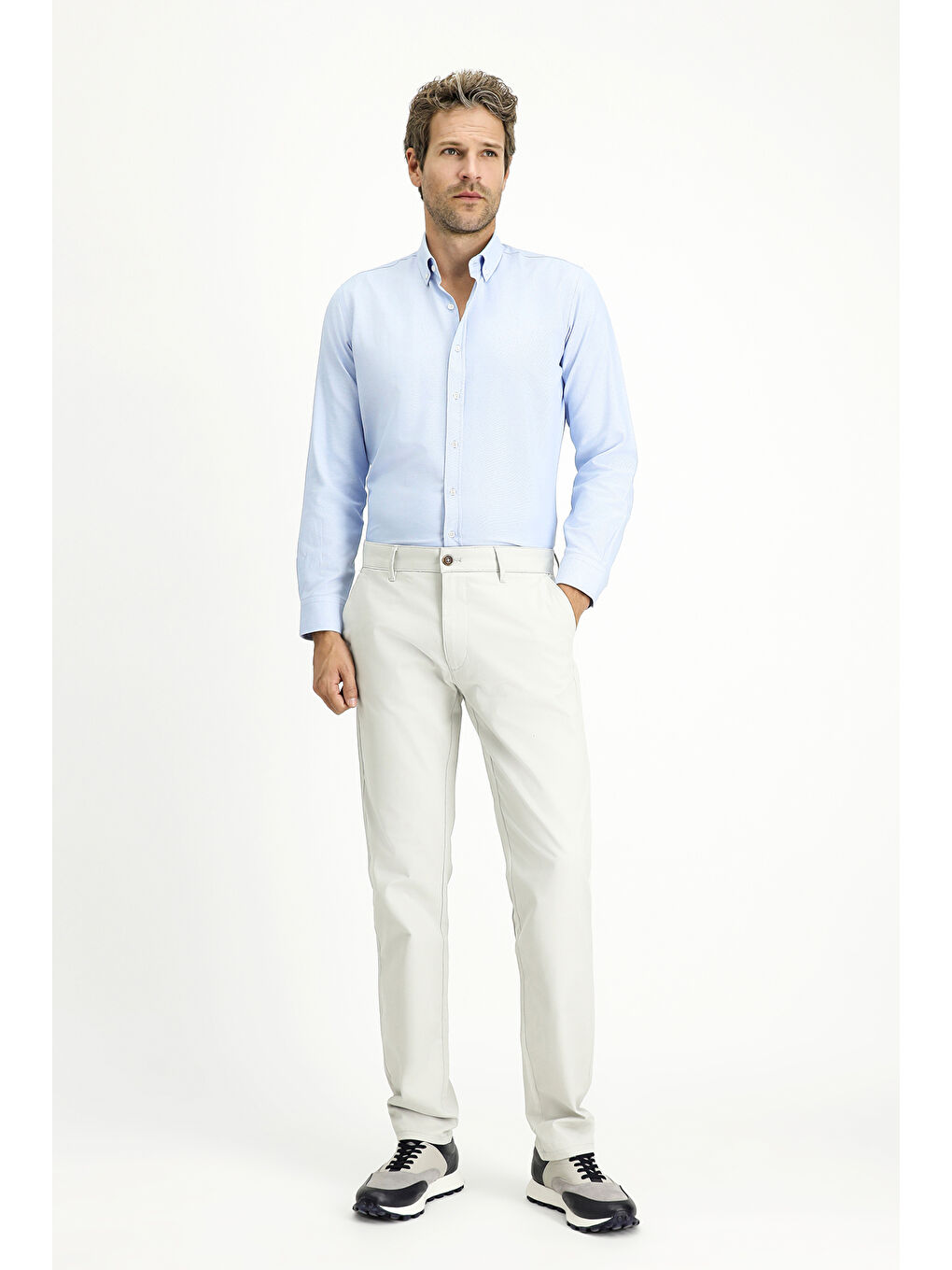 Mavi Uzun Kol Slim Fit Düğmeli Yaka Oxford Pamuklu Kolay Ütülenebilir Büyük Beden Gömlek-2