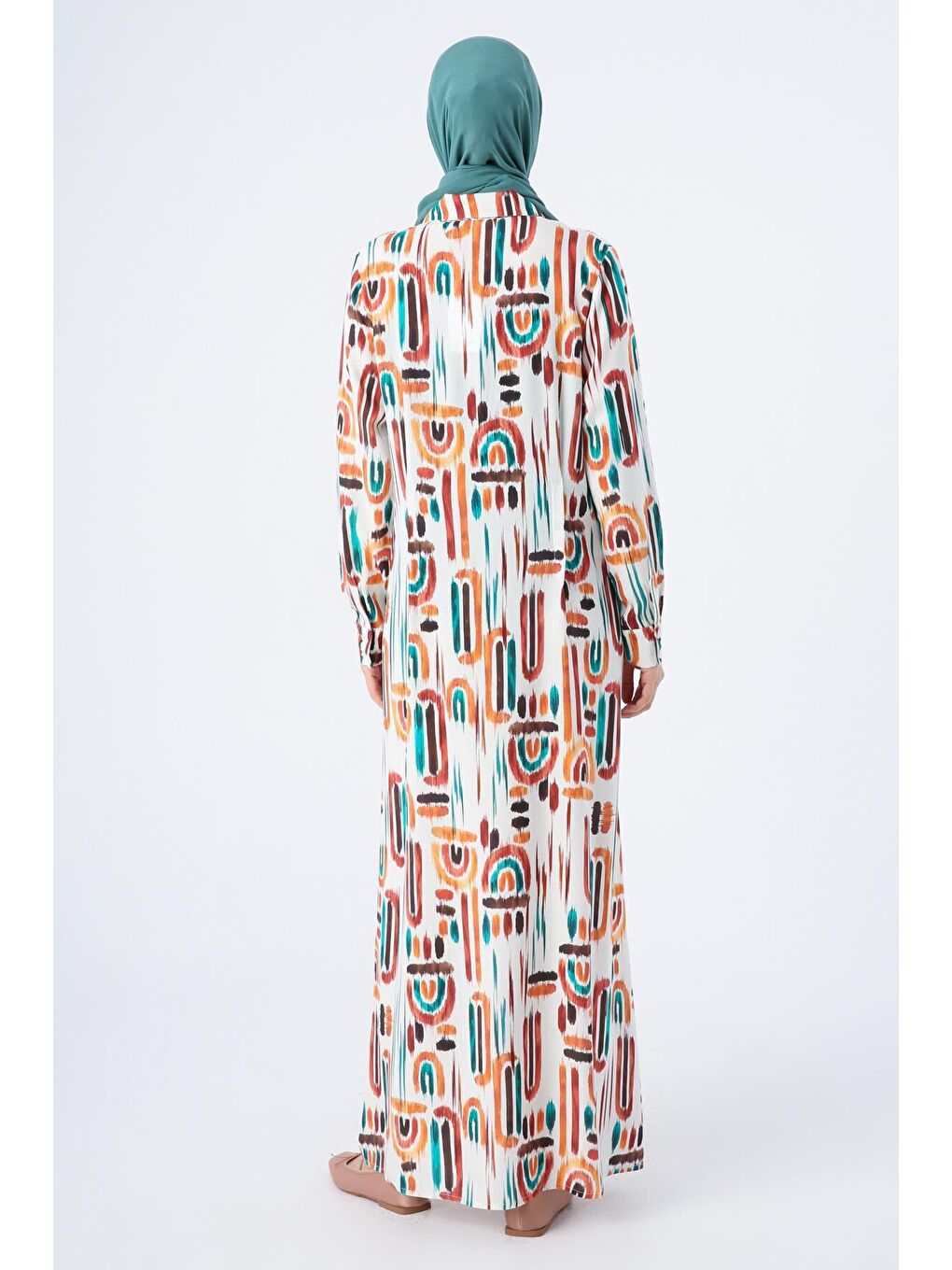 Bej Ekru-Kiremit Pensli Desenli Viskon Gömlek Elbise-3