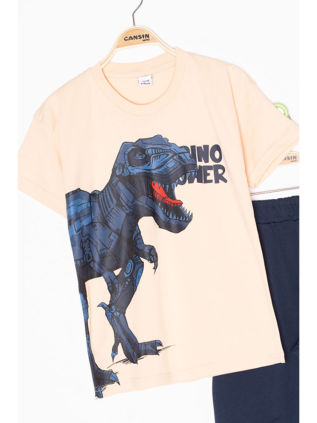 Ekru Krem Dino Baskılı Yazılı Erkek Çocuk Şortlu Alt Üst Takım 20622-1