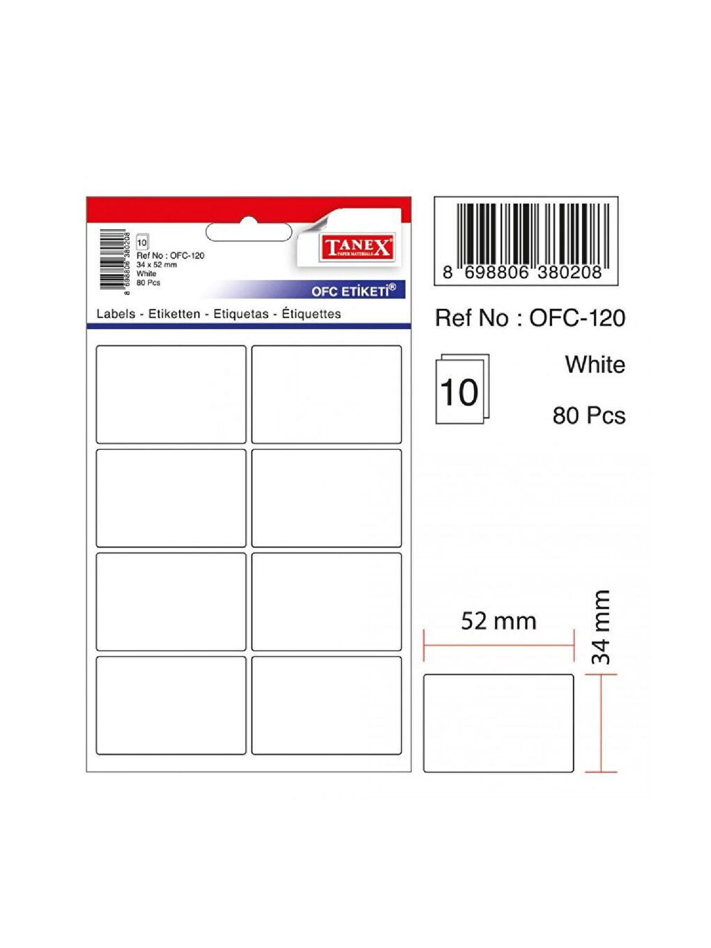 Tanex Ofc-120 Beyaz Ofis Etiketi 34x52 Mm 10 Syf-80 Adt