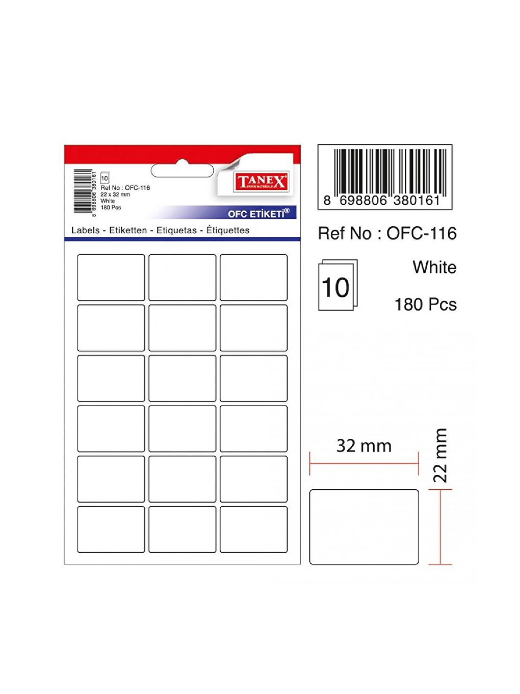 Tanex Ofc-116 Beyaz Ofis Etiketi 22x32 Mm 10 Syf-180 Adt