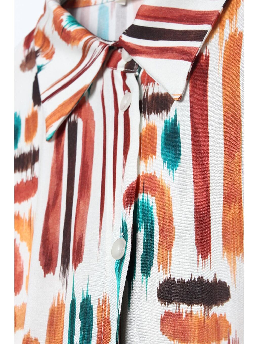 Bej Ekru-Kiremit Pensli Desenli Viskon Gömlek Elbise-4